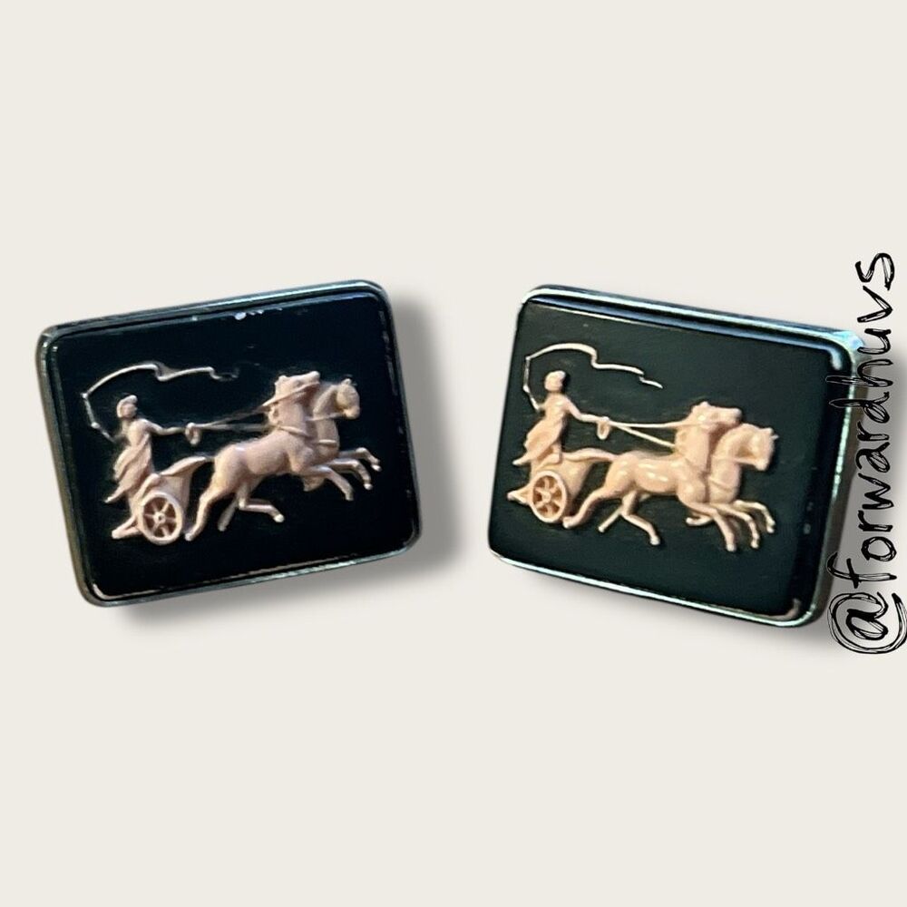 Vintage Chariot Cameo Cufflinks – Silver Tone Frame – Unmarked